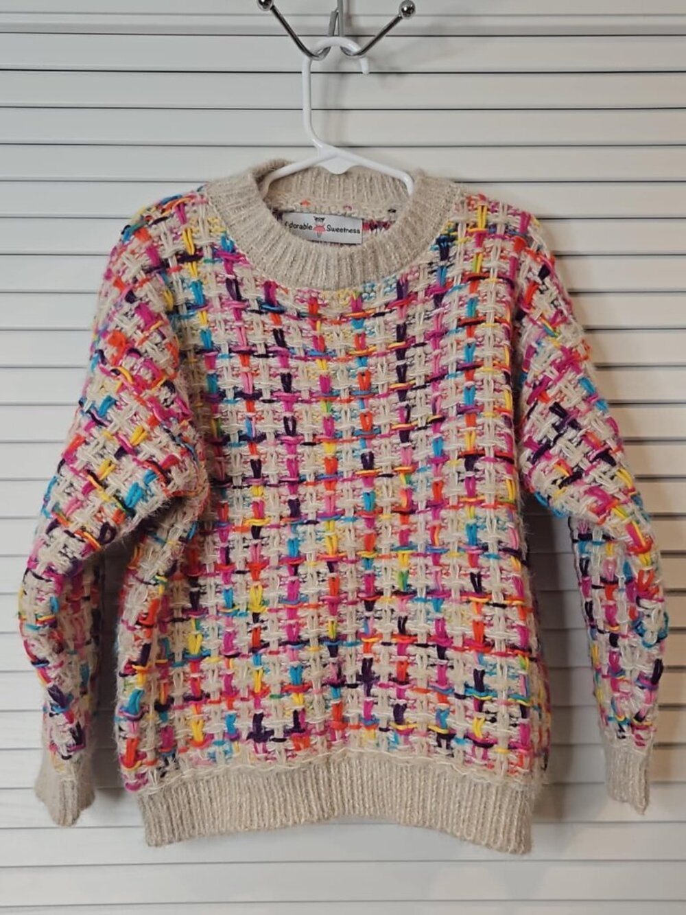 Fun Kids’ Sweater by Adorable Sweetness with a Colorful Woven-Style Knit pattern